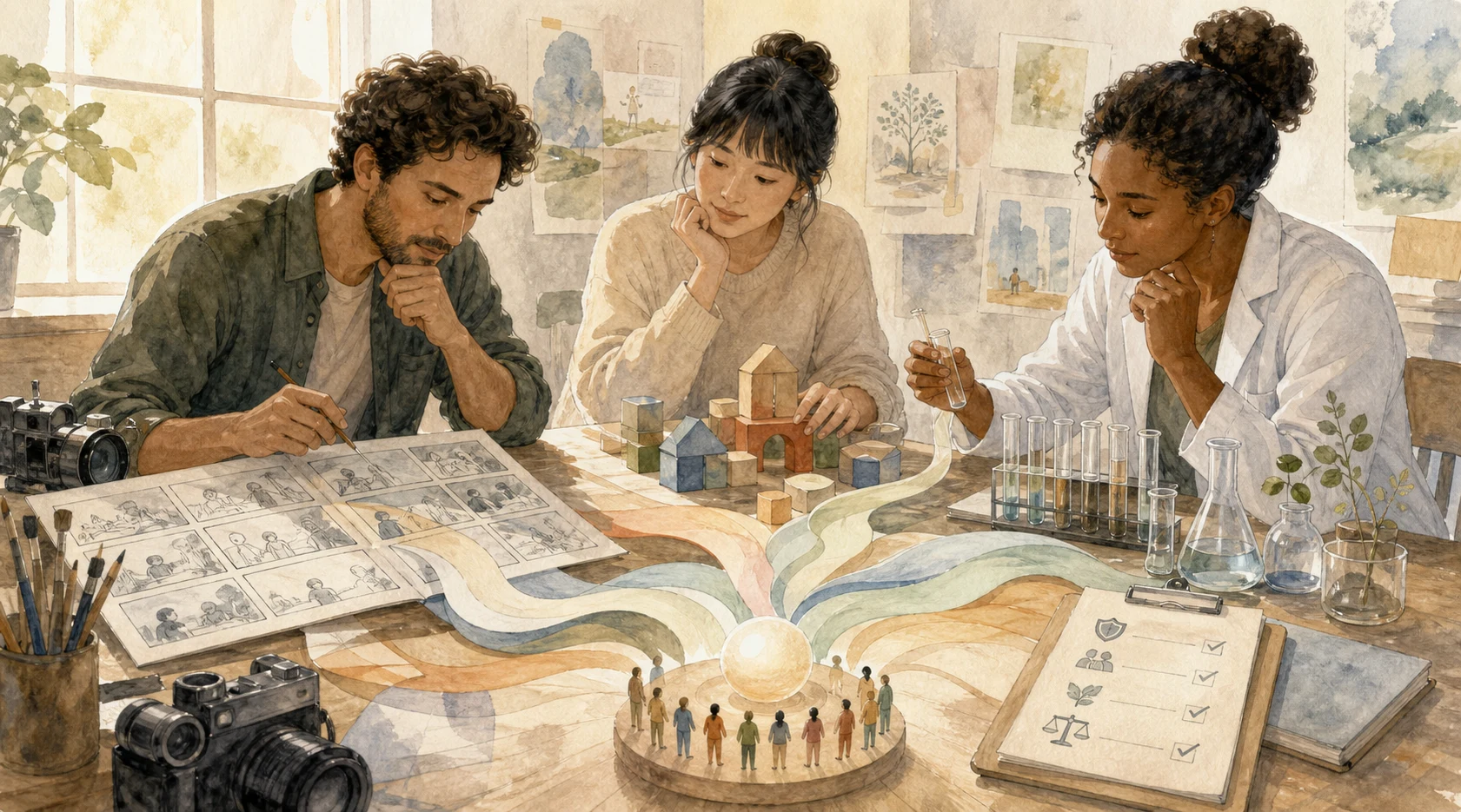 創作者、教育工作者與研究人員圍著同一張工作桌,象徵生成技術同時進入影視、教室與生命科學,也把價值分配問題帶到每個專業現場。