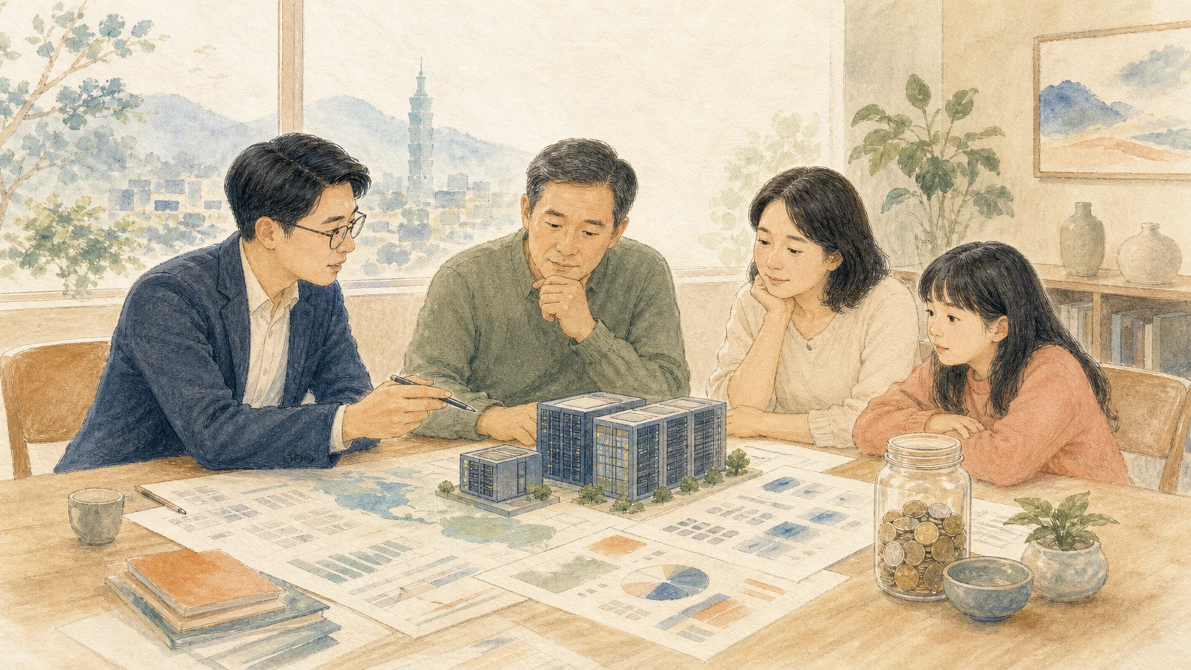 一家人在餐桌旁與分析師一起檢視資料中心投資與家庭資產的平衡