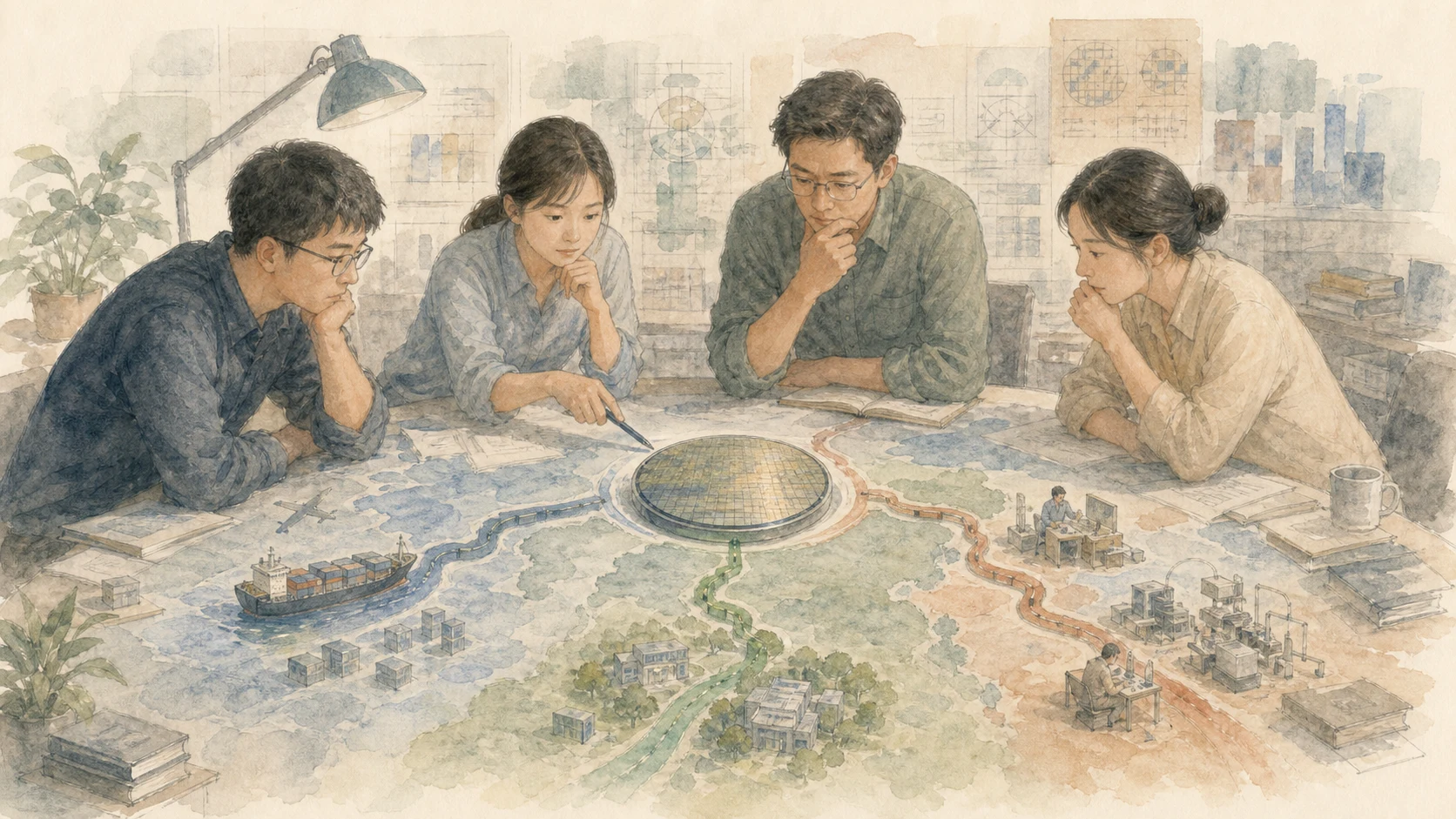 晶片工程團隊在供應鏈地圖與晶圓模型前評估不同路徑