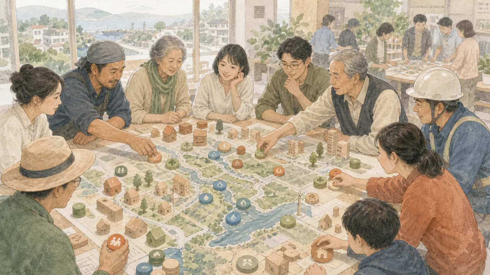 居民、商家與工程人員在共同地圖上討論工作、電力、水與住房