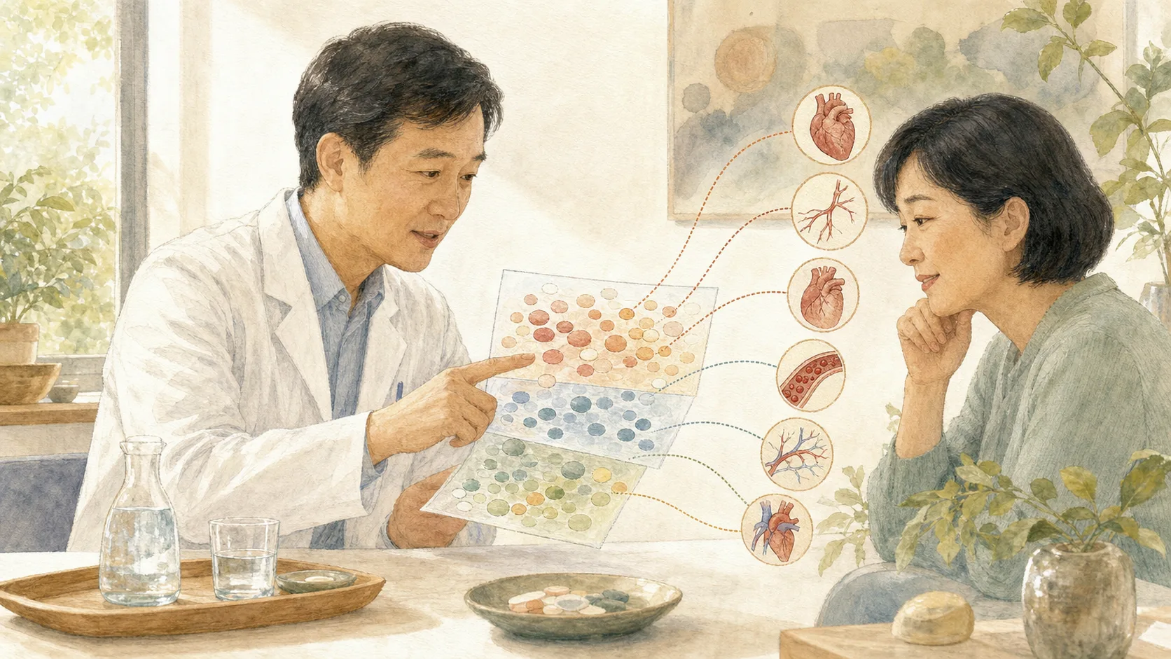 醫師與病人在自然光診間裡查看血液多體學風險圖譜