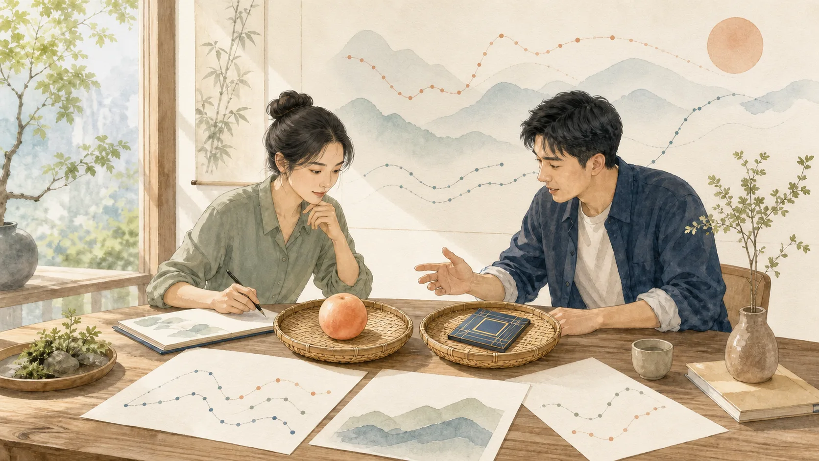 兩位分析者在暖色工作桌前比對不同技術證據與歷史曲線