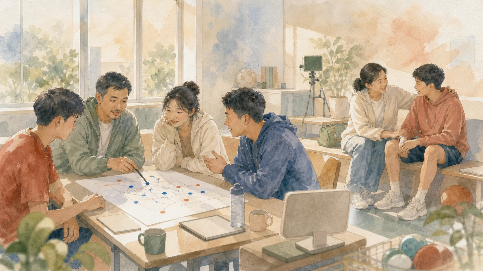 教練與年輕球員在暖色社區運動室裡討論戰術並保留人際支持
