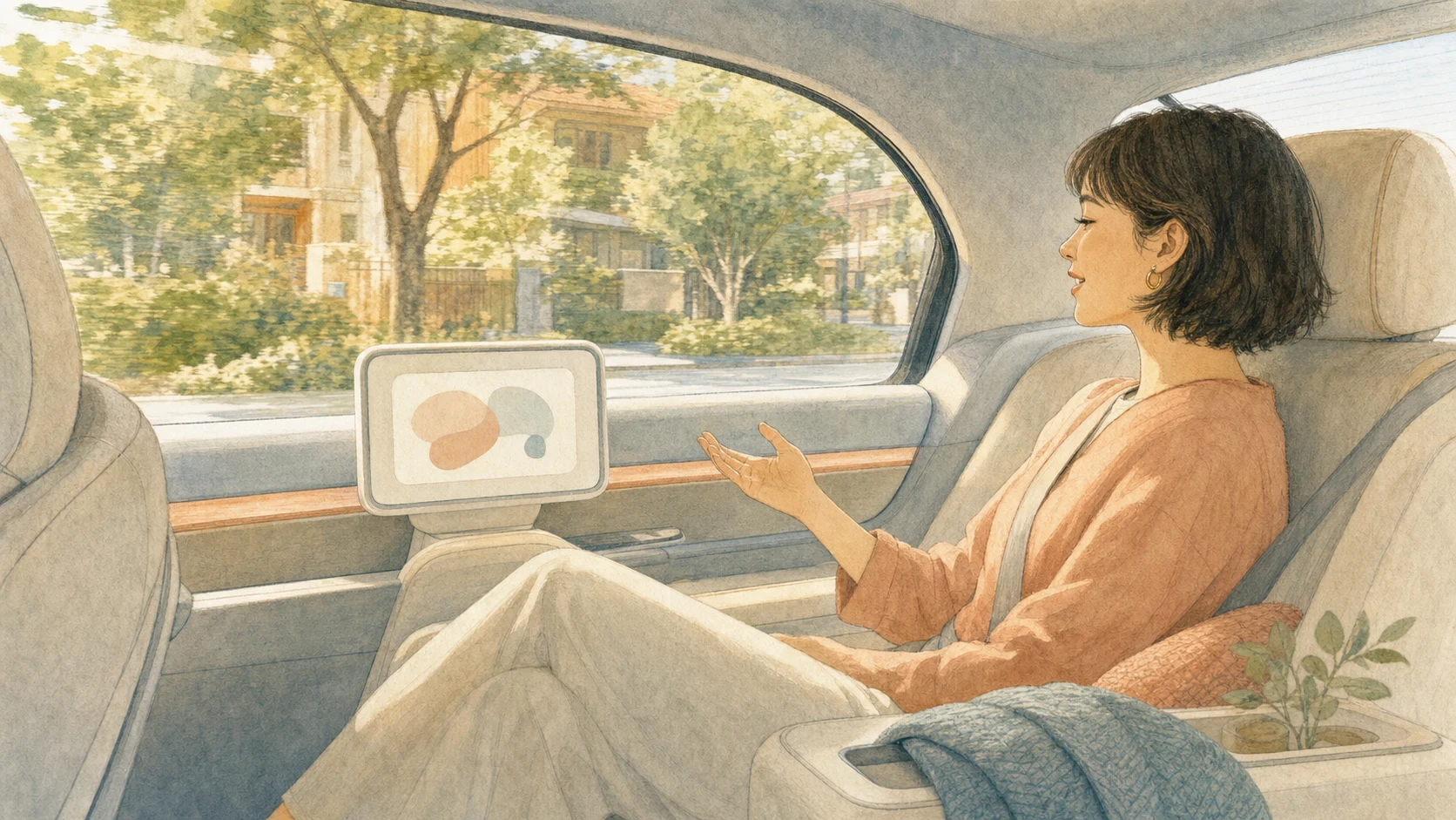 午後自然光灑入淡杏色自駕車艙,乘客以語音詢問附近咖啡店,座椅旁的柔和霧藍螢幕只顯示簡約行程資訊,表現 AI 對日常選擇的輕量協助。
