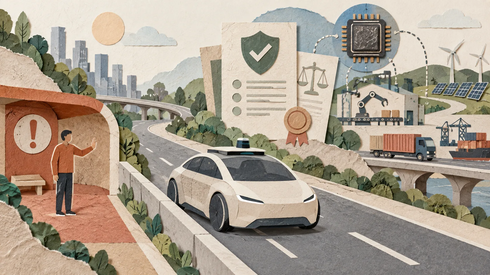 03:無人車道、公共許可與晶片供應鏈相連的紙藝意象(依據 AP、The Verge 與產業公告)