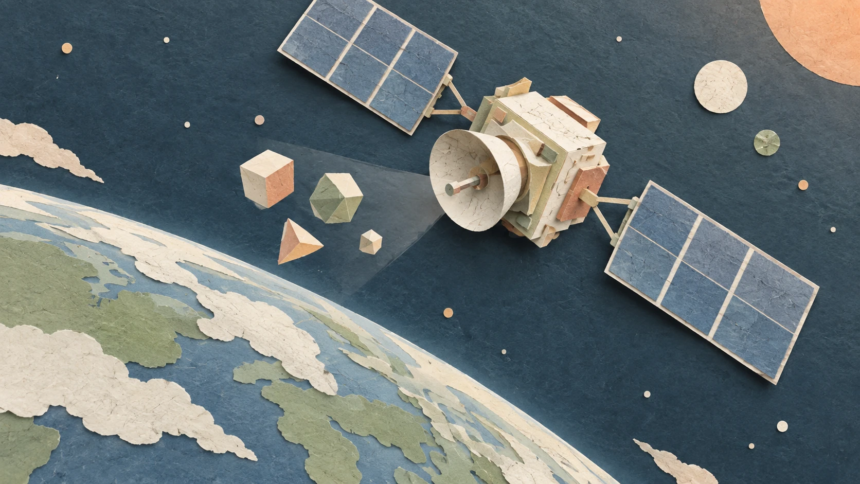 剪紙衛星沿地球邊緣飛行,周圍漂浮幾何模組,呈現軌道硬體原型測試。